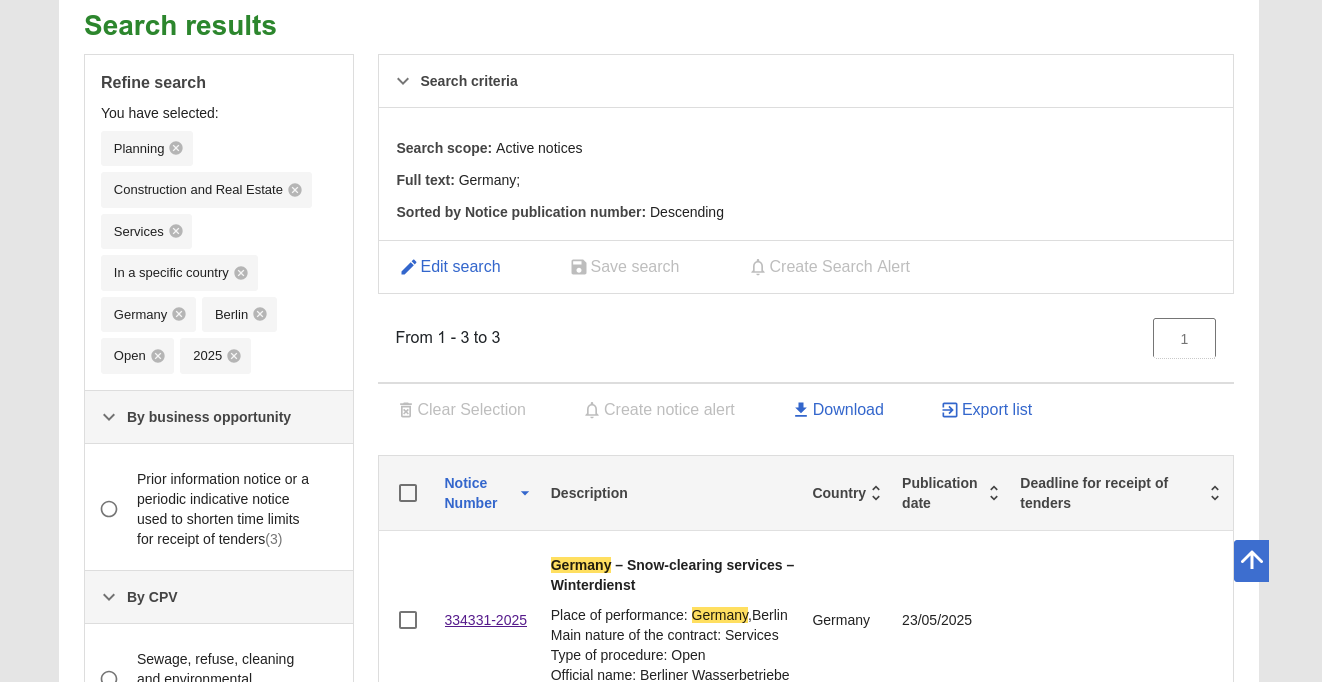 Screenshot of public offers search on ted.europa.eu