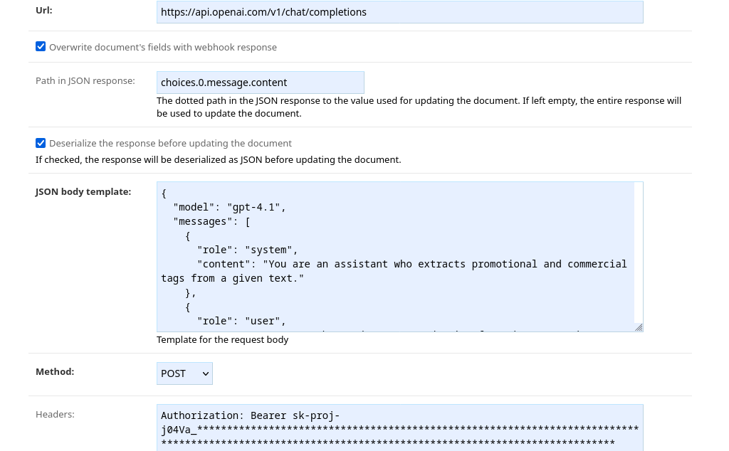 Screenshot showing a webhook configuration