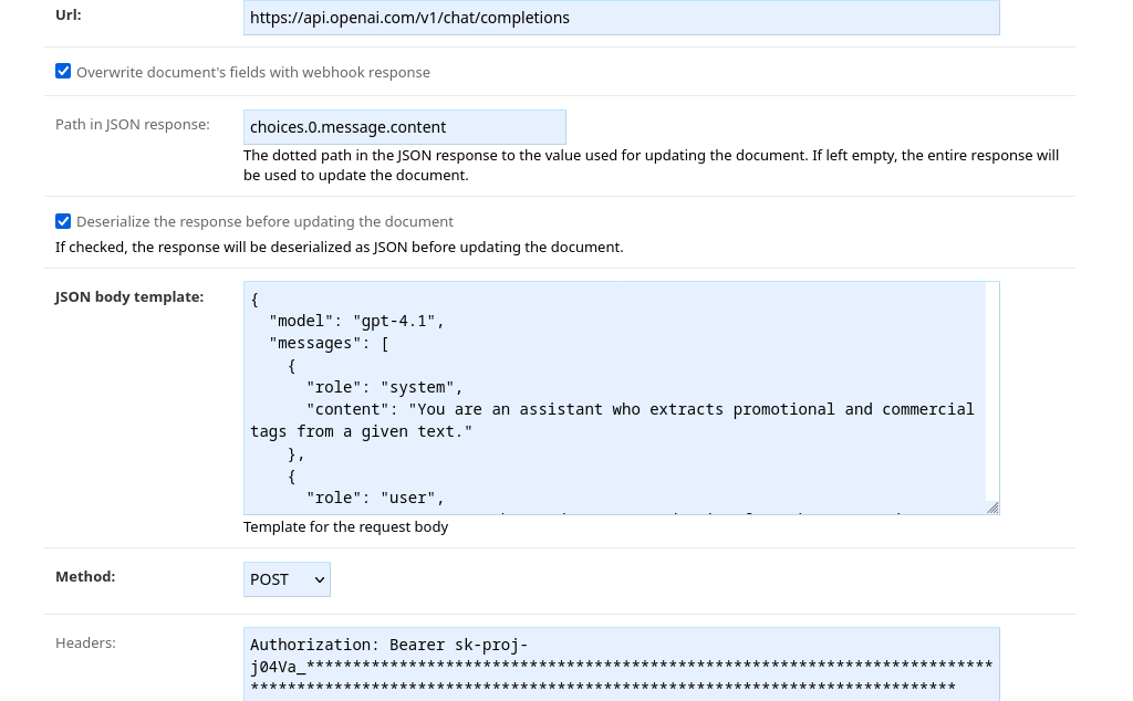 Screenshot showing a webhook configuration