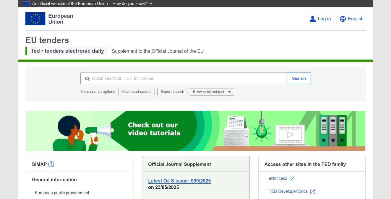 Screenshot of public offers search on ted.europa.eu
