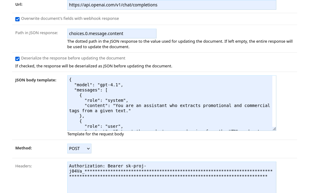 Screenshot showing a webhook configuration
